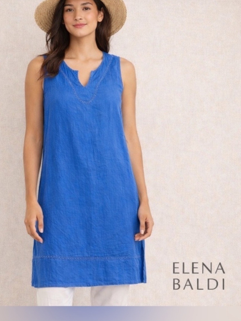 Elena Baldi Blue 100% Linen Dress Sleeveless Heart Brocade Size XS